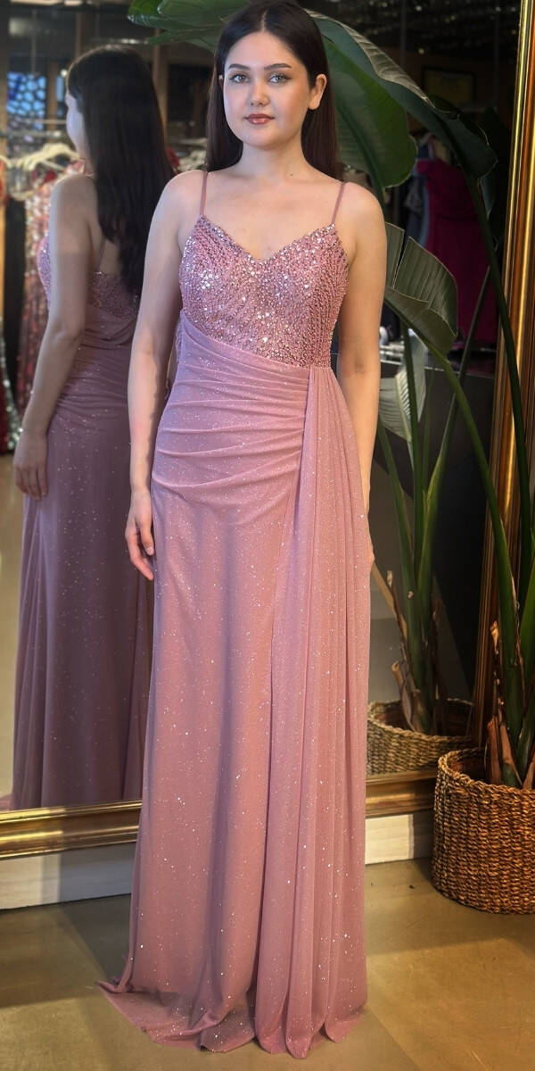 Rose İp Askılı Düz Kesim Simli Uzun Abiye Elbise 7767 - 1