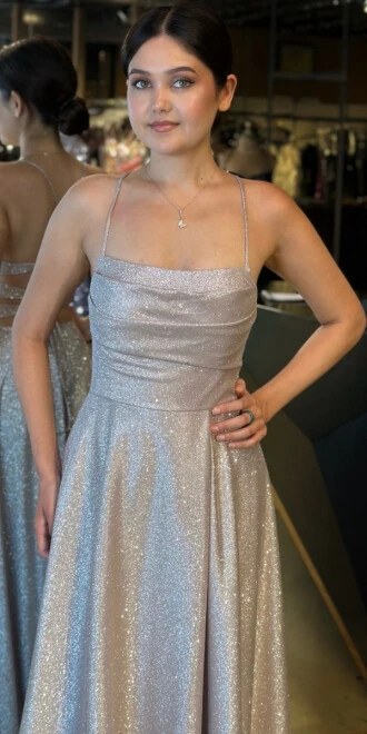 Gül Kurusu İp Askılı Kare Yaka Sırt Dekolteli Kloş Etekli Simli Uzun Abiye Elbise 7780 - 3