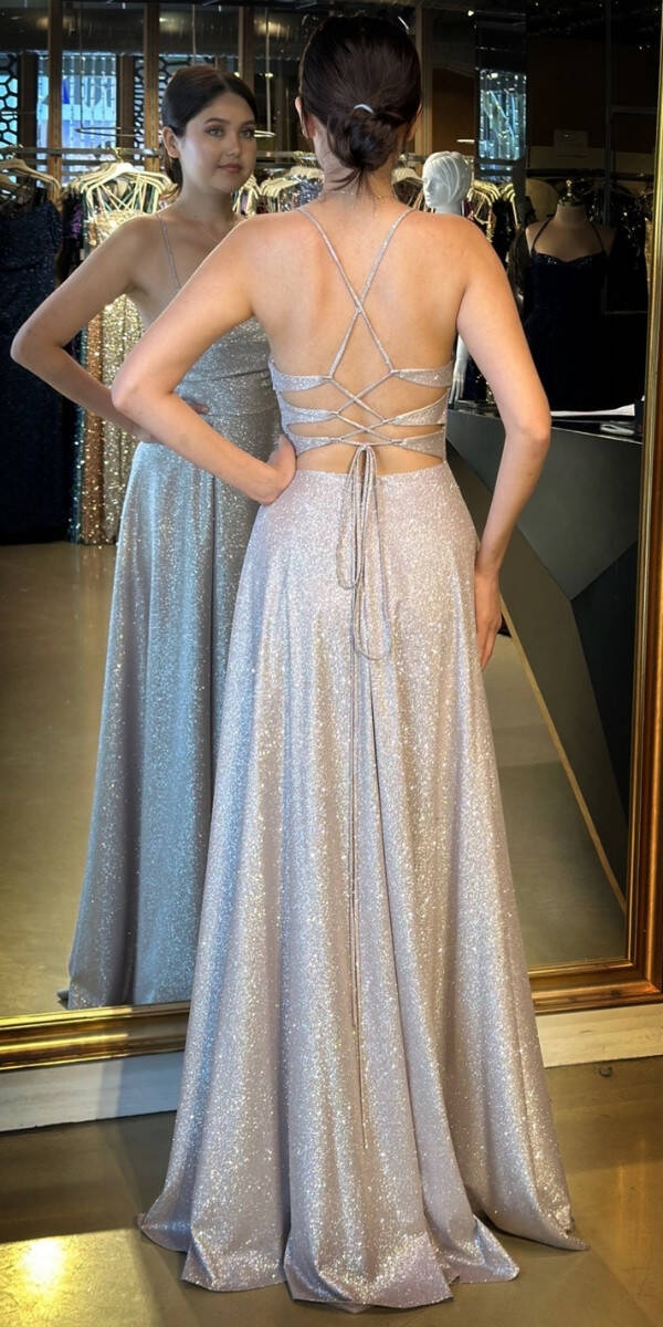 Gül Kurusu İp Askılı Kare Yaka Sırt Dekolteli Kloş Etekli Simli Uzun Abiye Elbise 7780 - 5