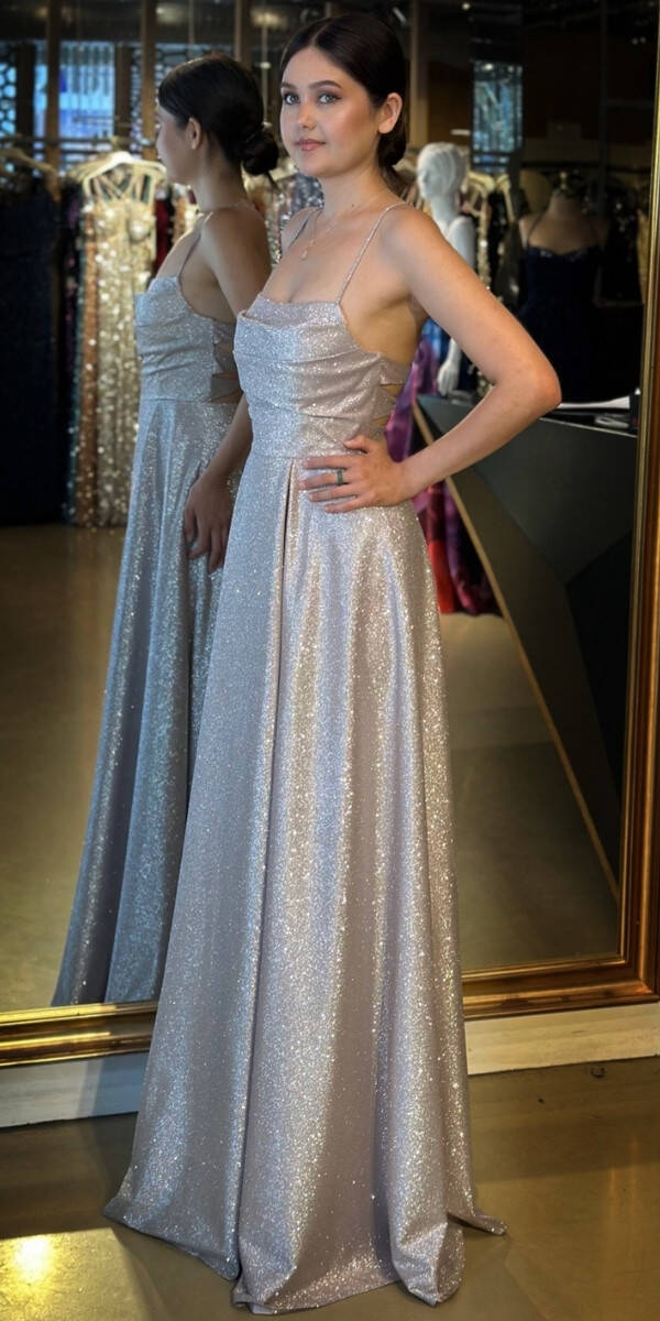 Gül Kurusu İp Askılı Kare Yaka Sırt Dekolteli Kloş Etekli Simli Uzun Abiye Elbise 7780 - 2