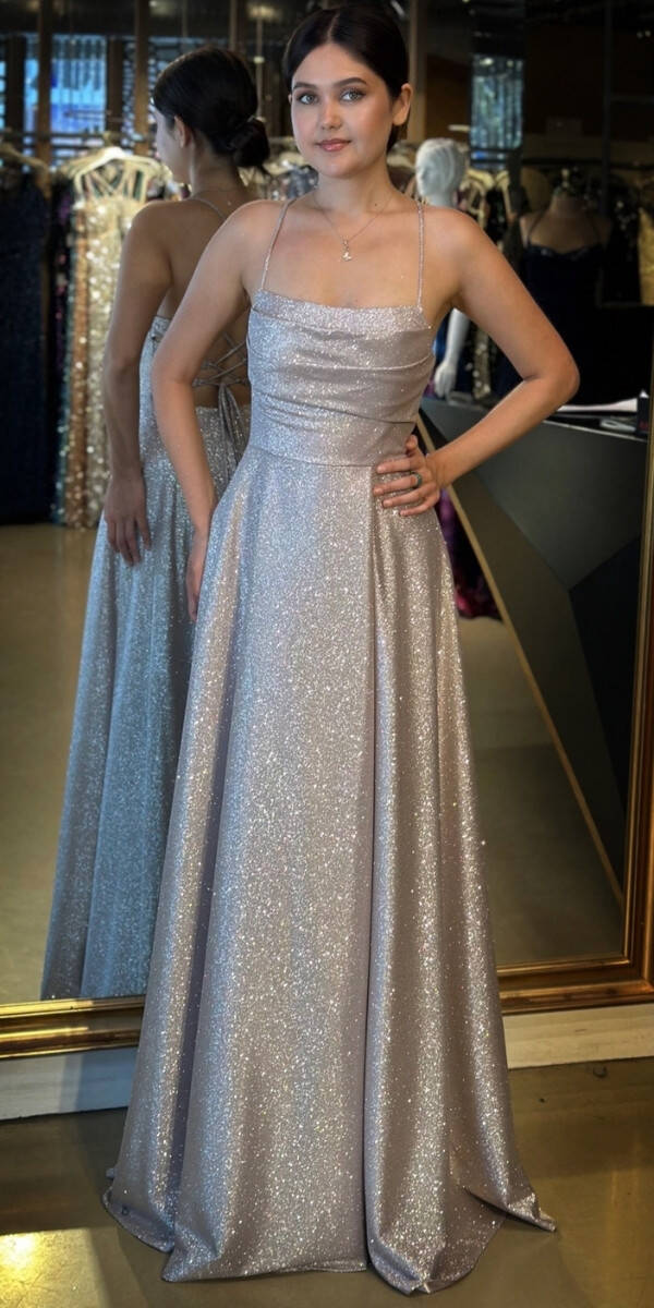 Gül Kurusu İp Askılı Kare Yaka Sırt Dekolteli Kloş Etekli Simli Uzun Abiye Elbise 7780 - 1