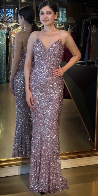 Rose İp Askılı V Yaka Sırt Dekolteli Balık Etekli Pul Payet Uzun Abiye Elbise 7714 - abiyeniall