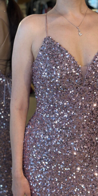 Rose İp Askılı V Yaka Sırt Dekolteli Balık Etekli Pul Payet Uzun Abiye Elbise 7714 - 4