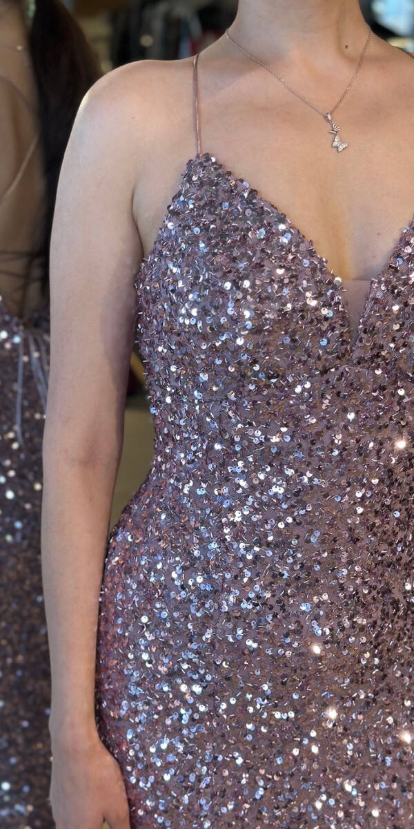 Rose İp Askılı V Yaka Sırt Dekolteli Balık Etekli Pul Payet Uzun Abiye Elbise 7714 - 4