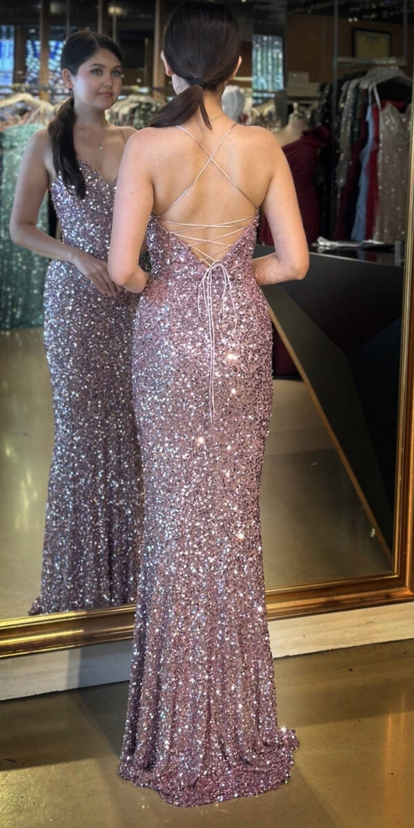 Rose İp Askılı V Yaka Sırt Dekolteli Balık Etekli Pul Payet Uzun Abiye Elbise 7714 - 5