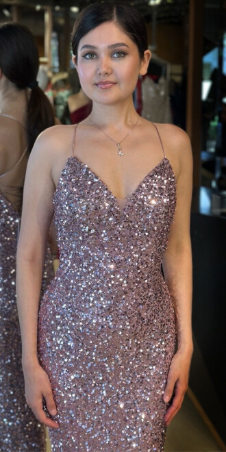 Rose İp Askılı V Yaka Sırt Dekolteli Balık Etekli Pul Payet Uzun Abiye Elbise 7714 - 3