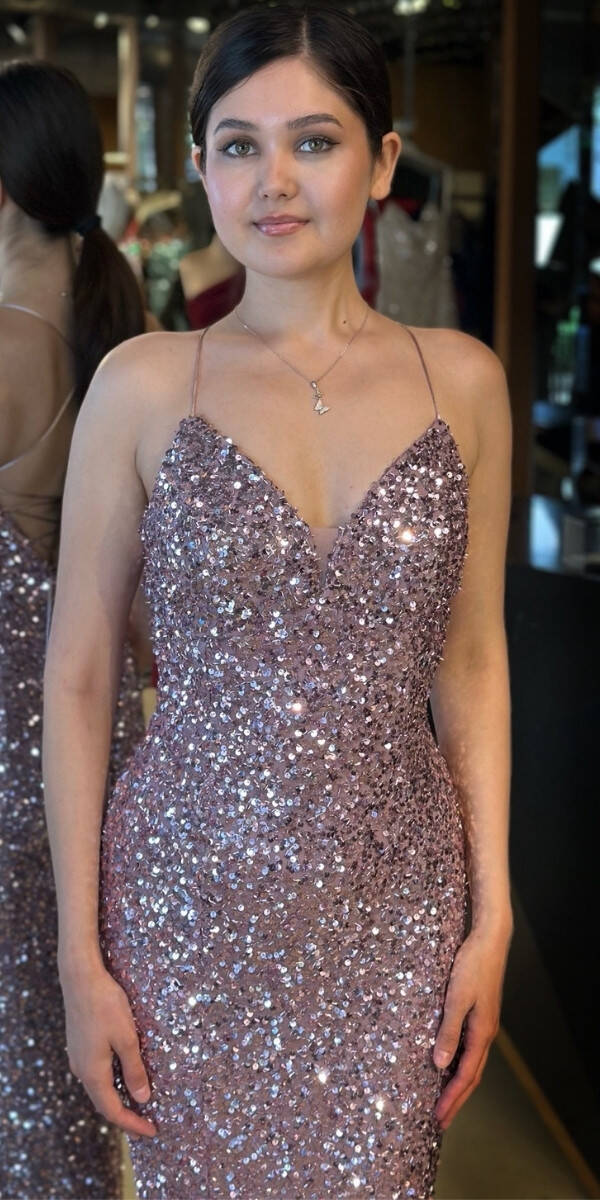 Rose İp Askılı V Yaka Sırt Dekolteli Balık Etekli Pul Payet Uzun Abiye Elbise 7714 - 3