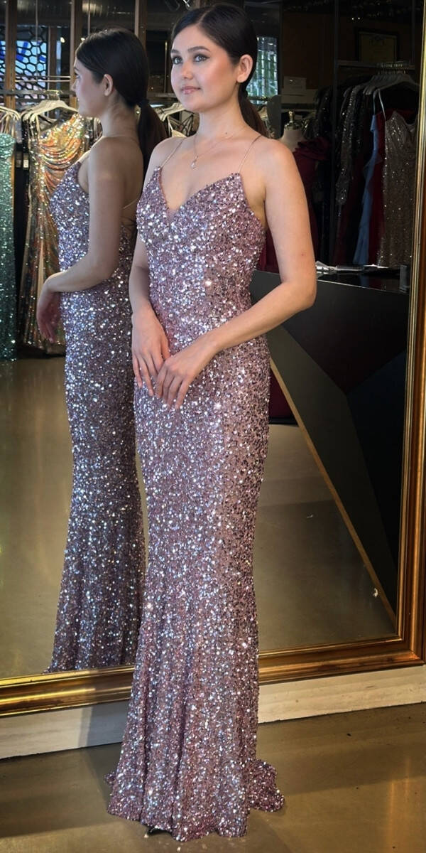 Rose İp Askılı V Yaka Sırt Dekolteli Balık Etekli Pul Payet Uzun Abiye Elbise 7714 - 2