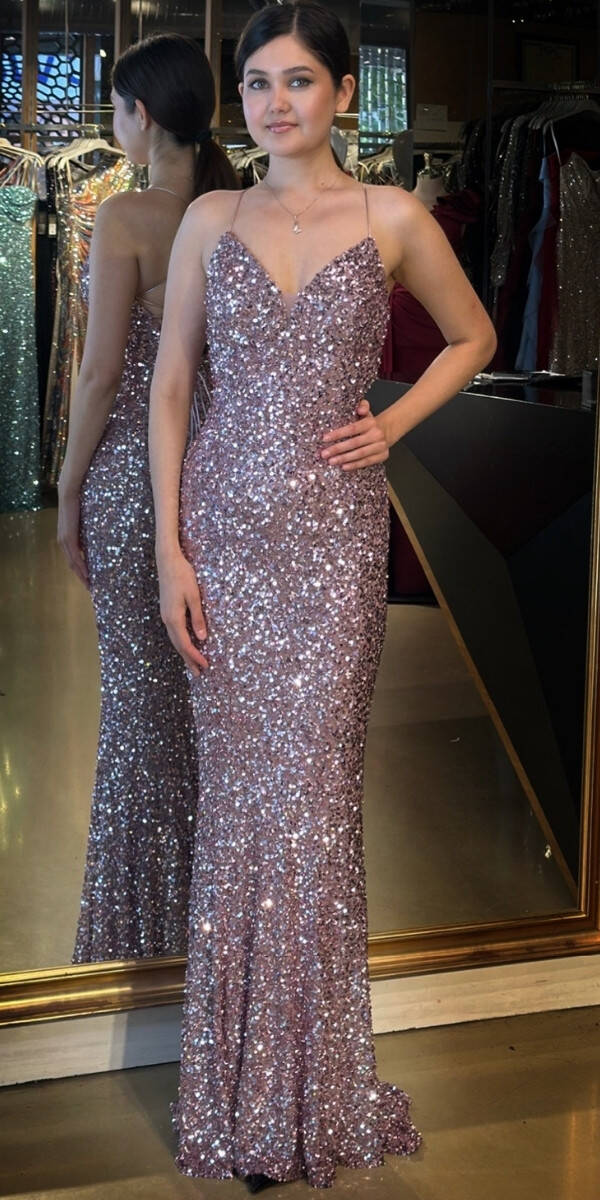 Rose İp Askılı V Yaka Sırt Dekolteli Balık Etekli Pul Payet Uzun Abiye Elbise 7714 - 1