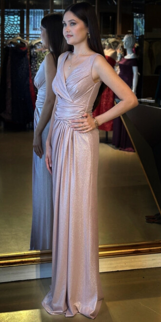 Rose Kalın Askı V Yaka Anvelop Yırtmaçlı Düz Kesim Simli Uzun Abiye Elbise 11074 - 2