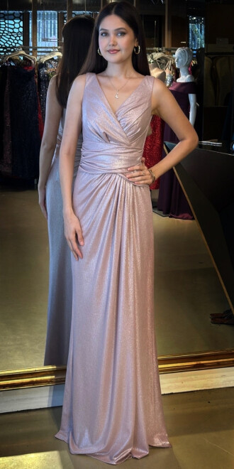 Rose Kalın Askı V Yaka Anvelop Yırtmaçlı Düz Kesim Simli Uzun Abiye Elbise 11074 