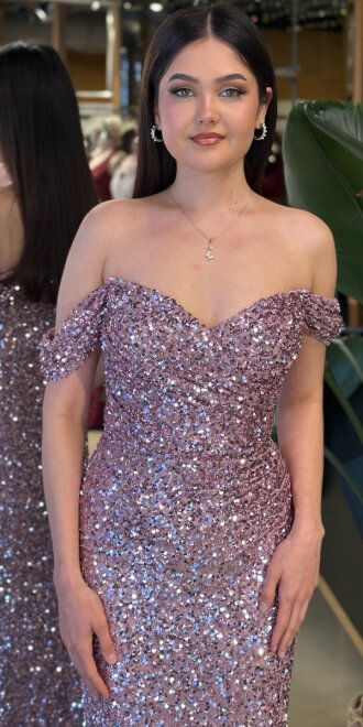 Rose Madonna Yaka Düz Kesim Likralı Payet Uzun Abiye Elbise 11085-03 - 3