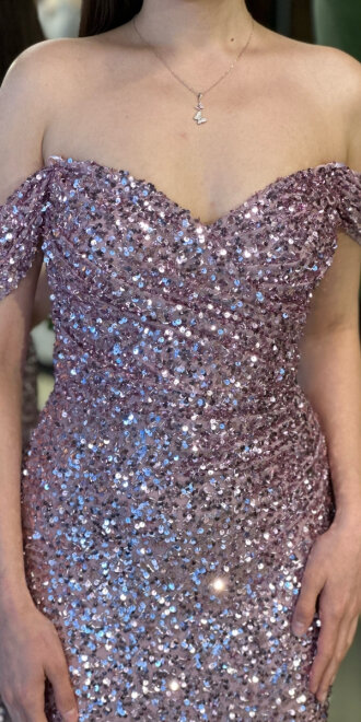 Rose Madonna Yaka Düz Kesim Likralı Payet Uzun Abiye Elbise 11085-03 - 4