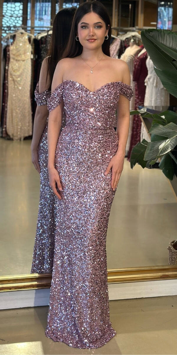 Rose Madonna Yaka Düz Kesim Likralı Payet Uzun Abiye Elbise 11085-03 - 1