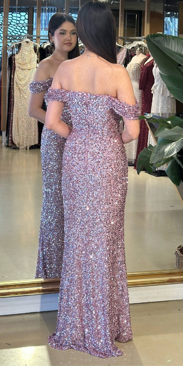 Rose Madonna Yaka Düz Kesim Likralı Payet Uzun Abiye Elbise 11085-03 - 5