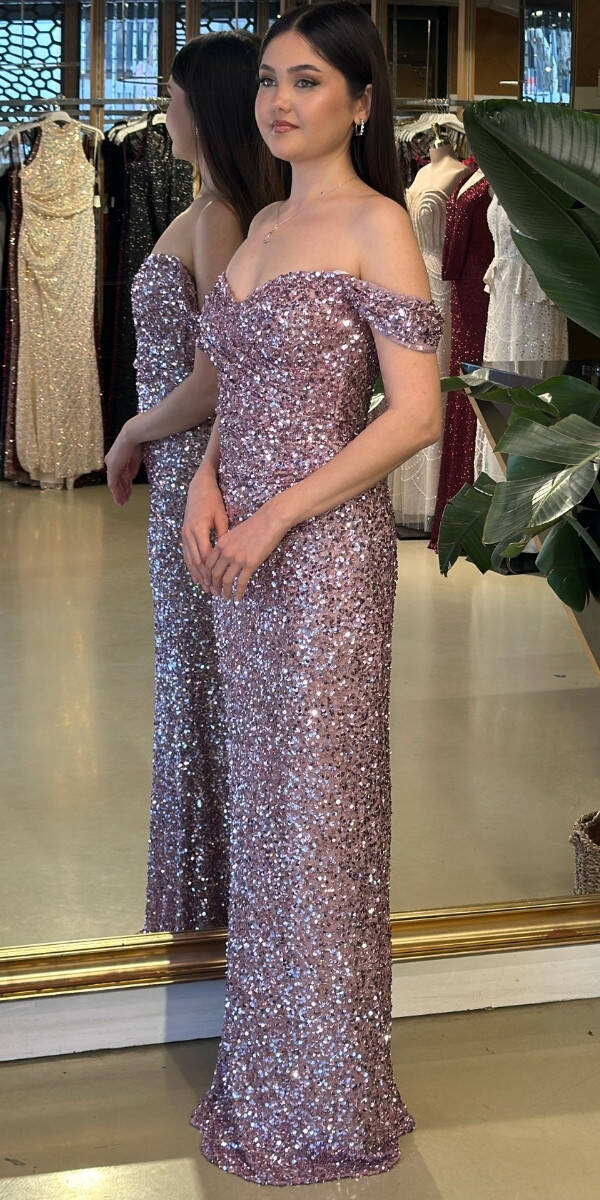 Rose Madonna Yaka Düz Kesim Likralı Payet Uzun Abiye Elbise 11085-03 - 2