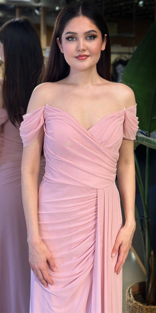 Rose Madonna Yaka Düz Kesim Likralı Tül Uzun Abiye Elbise 11079-02 - 3