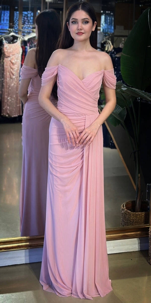 Rose Madonna Yaka Düz Kesim Likralı Tül Uzun Abiye Elbise 11079-02 - 1