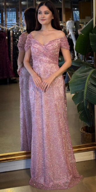 Rose Madonna Yaka Sırt Dekolteli Düz Kesim Simli Uzun Abiye Elbise 11113-03 - 1