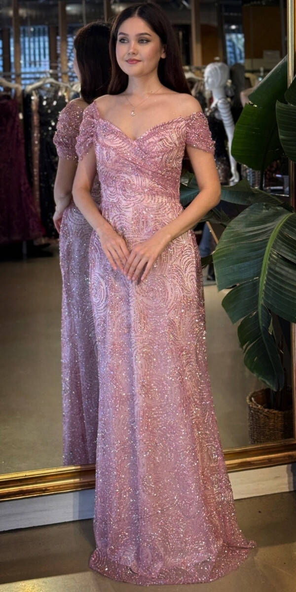 Rose Madonna Yaka Sırt Dekolteli Düz Kesim Simli Uzun Abiye Elbise 11113-03 - 1