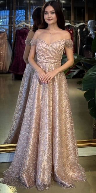 Rose Madonna Yaka Sırt Dekolteli Kloş Etekli Simli Uzun Abiye Elbise 11066-05 