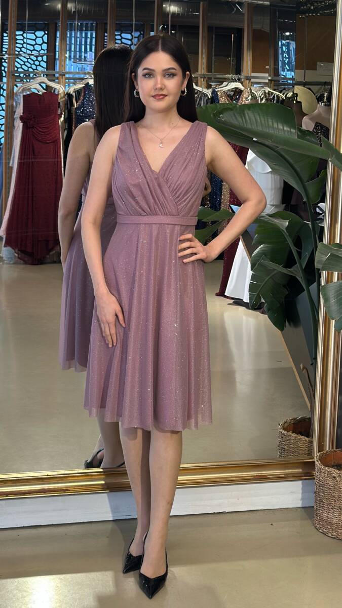 Rose Renk Kalın Askı Kloş Etekli Simli Kısa Abiye Elbise 7119 - 1