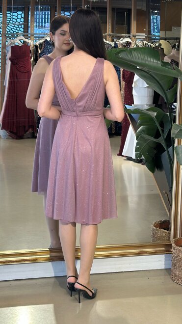 Rose Renk Kalın Askı Kloş Etekli Simli Kısa Abiye Elbise 7119 - 2