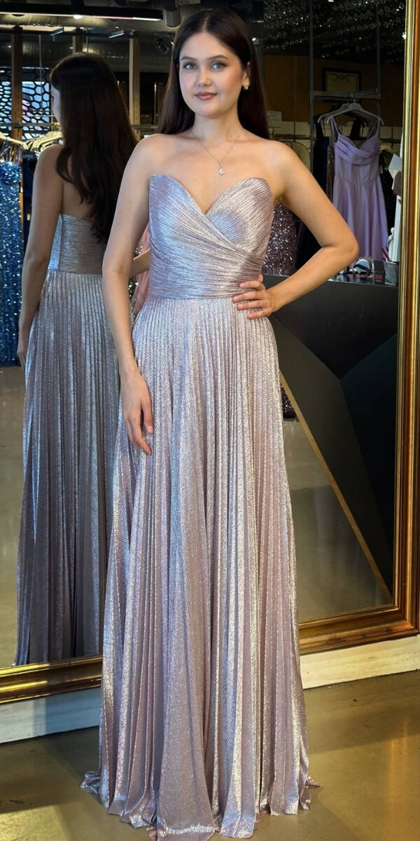 Rose Straplez Yaka Kloş Etekli Jakarlı Uzun Abiye Elbise 11080 - 1