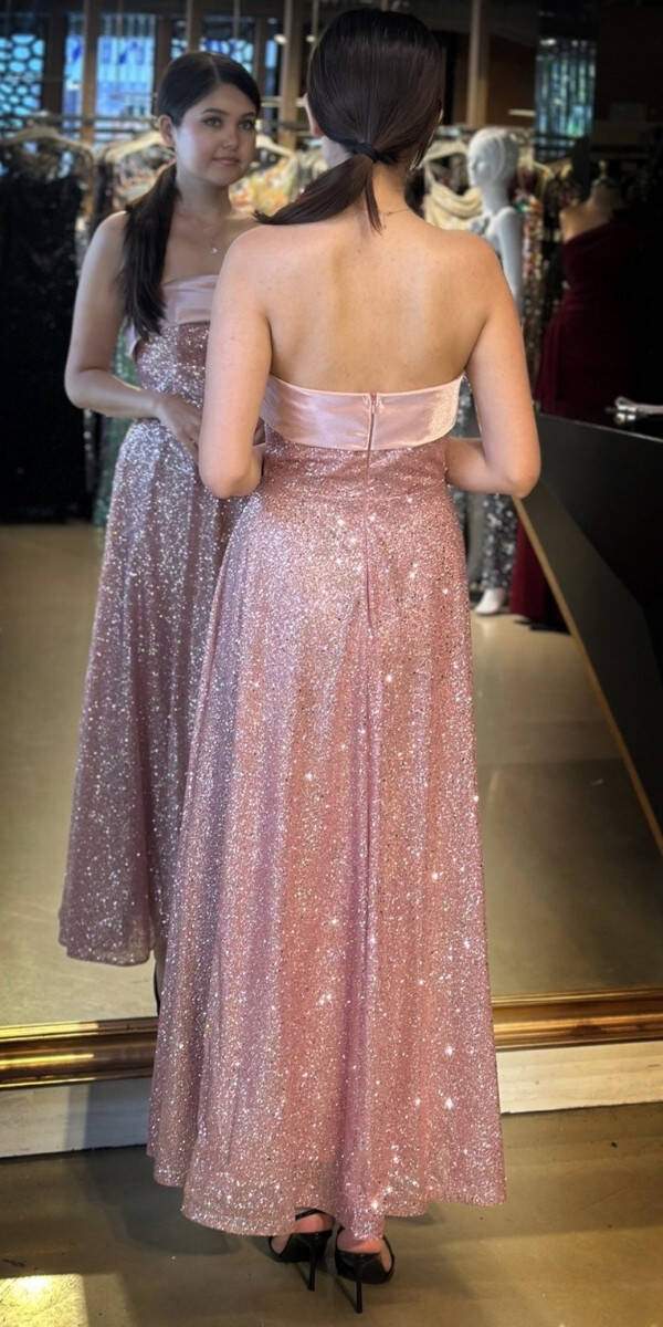 Rose Straplez Yaka Kloş Etekli Simli Midi Abiye Elbise 7776 - 5