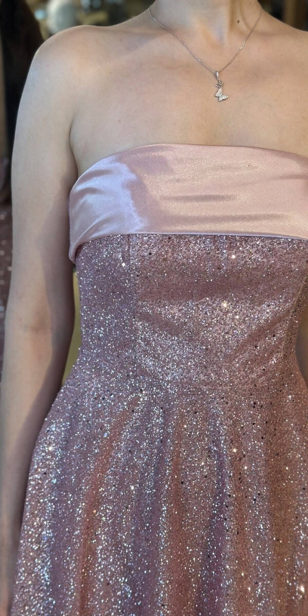 Rose Straplez Yaka Kloş Etekli Simli Midi Abiye Elbise 7776 - 4