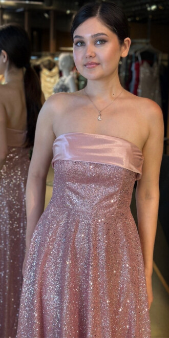 Rose Straplez Yaka Kloş Etekli Simli Midi Abiye Elbise 7776 - 3