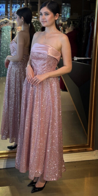 Rose Straplez Yaka Kloş Etekli Simli Midi Abiye Elbise 7776 - 2