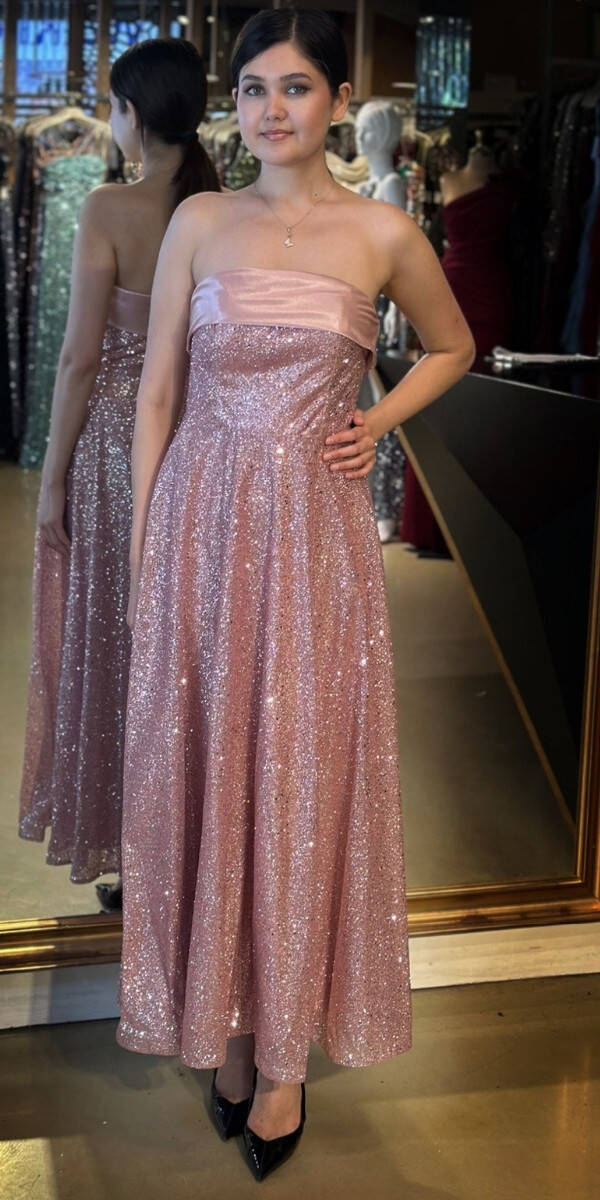 Rose Straplez Yaka Kloş Etekli Simli Midi Abiye Elbise 7776 - 1