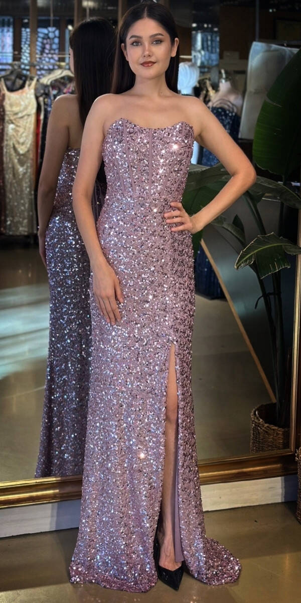 Rose Straplez Yaka Sırt Dekolteli Yırtmaçlı Düz Kesim Payet Uzun Abiye Elbise 11093-06 - 1