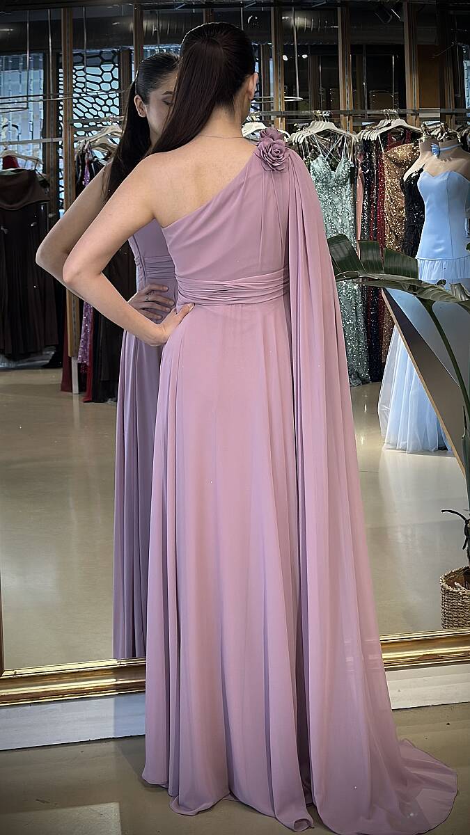 Rose Tek Omuzlu Çiçek Detaylı Kloş Etekli Şifon Uzun Abiye Elbise 7401 - 2