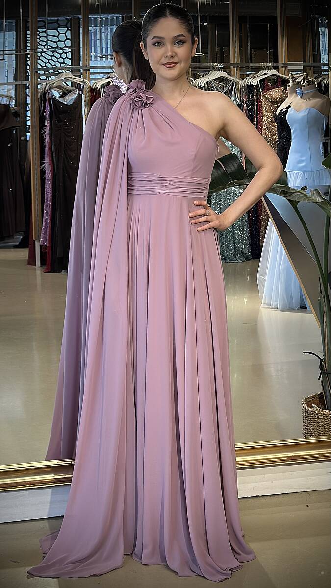 Rose Tek Omuzlu Çiçek Detaylı Kloş Etekli Şifon Uzun Abiye Elbise 7401 - 1