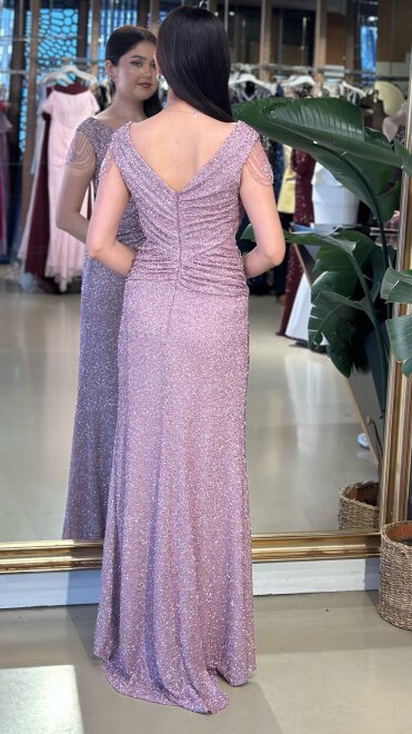 Rose V Yaka Kalın Askı Yırtmaçlı Düz Kesim Likralı Pullu Boncuklu Uzun Abiye Elbise 11179-06 - 5