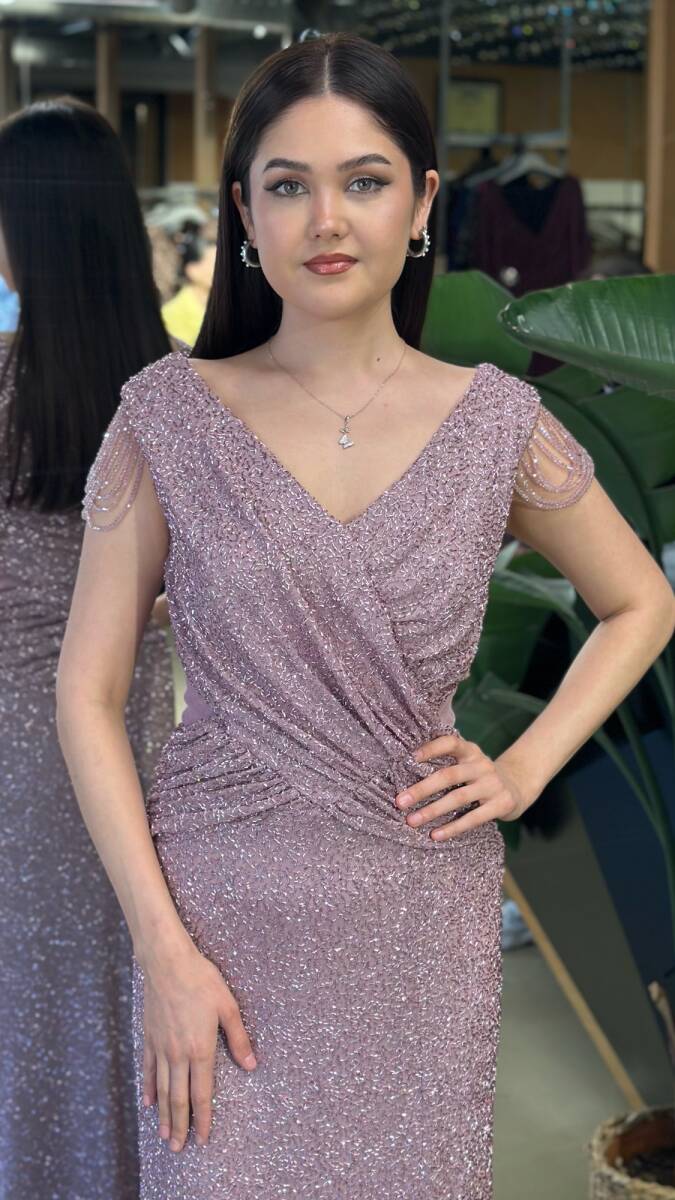 Rose V Yaka Kalın Askı Yırtmaçlı Düz Kesim Likralı Pullu Boncuklu Uzun Abiye Elbise 11179-06 - 3