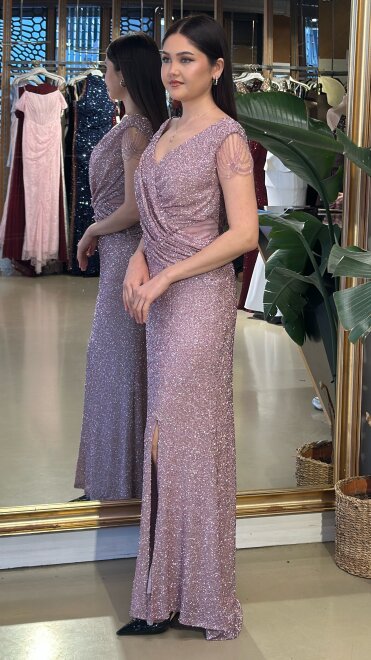 Rose V Yaka Kalın Askı Yırtmaçlı Düz Kesim Likralı Pullu Boncuklu Uzun Abiye Elbise 11179-06 - 2