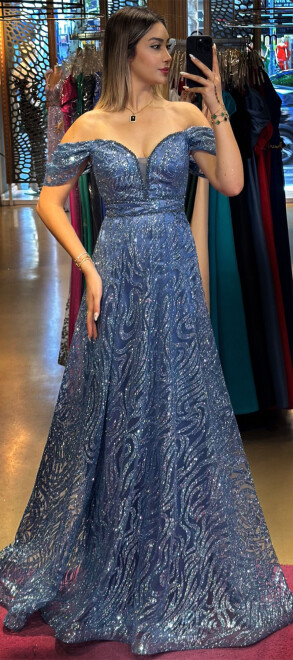 İndigo Boncuk İşlemeli Madonna Yaka Kloş Etekli Simli Uzun Abiye Elbise 7547 