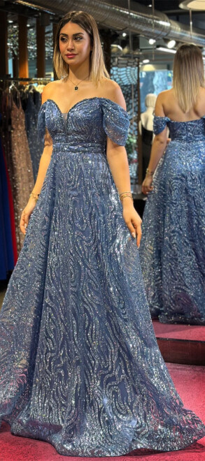 İndigo Boncuk İşlemeli Madonna Yaka Kloş Etekli Simli Uzun Abiye Elbise 7547 - 3