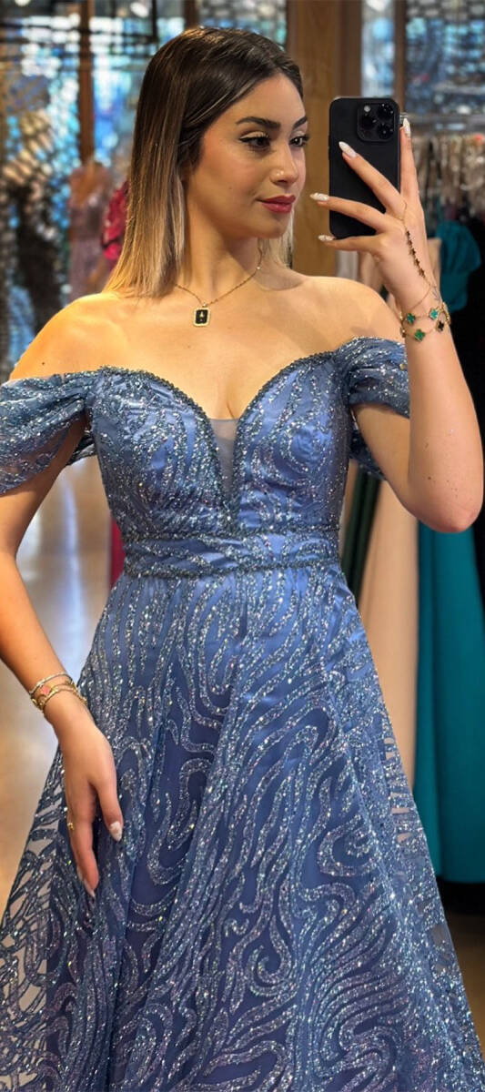 İndigo Boncuk İşlemeli Madonna Yaka Kloş Etekli Simli Uzun Abiye Elbise 7547 - 2