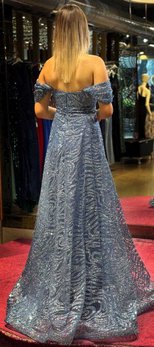 İndigo Boncuk İşlemeli Madonna Yaka Kloş Etekli Simli Uzun Abiye Elbise 7547 - 5