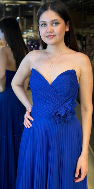 Saks Straplez Yaka Çiçek Detaylı Kloş Etekli Tül Uzun Abiye Elbise 11003 - 3