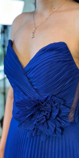 Saks Straplez Yaka Çiçek Detaylı Kloş Etekli Tül Uzun Abiye Elbise 11003 - 4