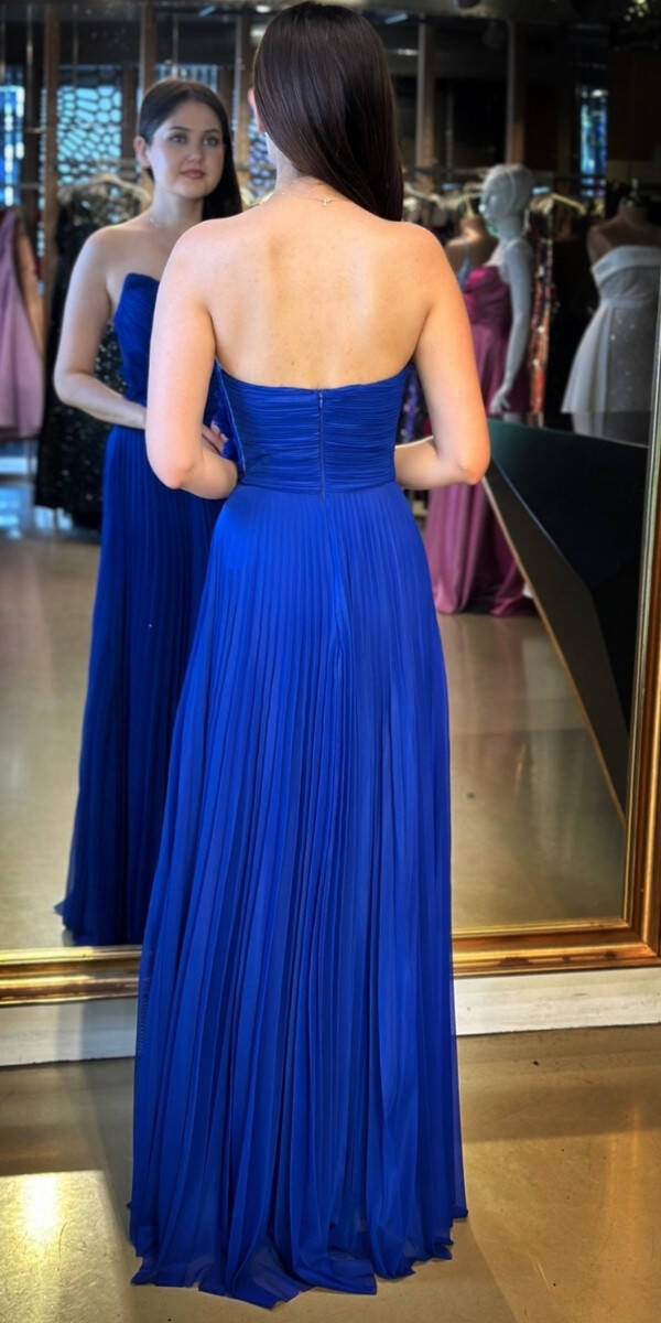 Saks Straplez Yaka Çiçek Detaylı Kloş Etekli Tül Uzun Abiye Elbise 11003 - 5