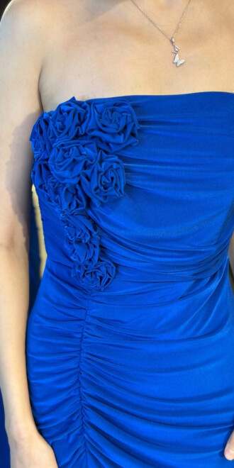 Saks Çiçek Detaylı Straplez Yaka Yırtmaçlı Düz Kesim Likralı Uzun Abiye Elbise 11096 - 4