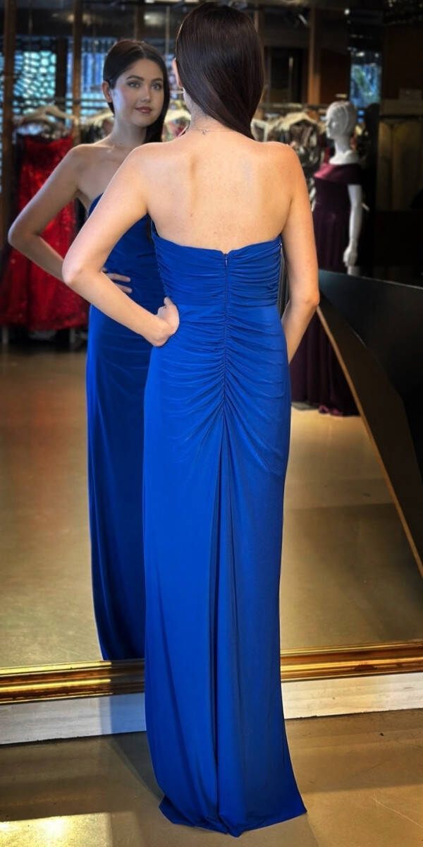 Saks Çiçek Detaylı Straplez Yaka Yırtmaçlı Düz Kesim Likralı Uzun Abiye Elbise 11096 - 5