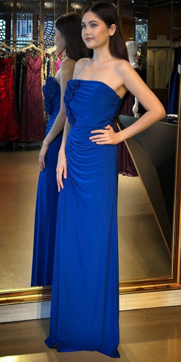 Saks Çiçek Detaylı Straplez Yaka Yırtmaçlı Düz Kesim Likralı Uzun Abiye Elbise 11096 - 2