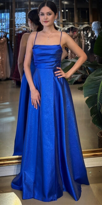 Saks Degaje Yaka İp Askılı Sırt Dekolteli Kloş Etekli Saten Uzun Abiye Elbise 11104-01 